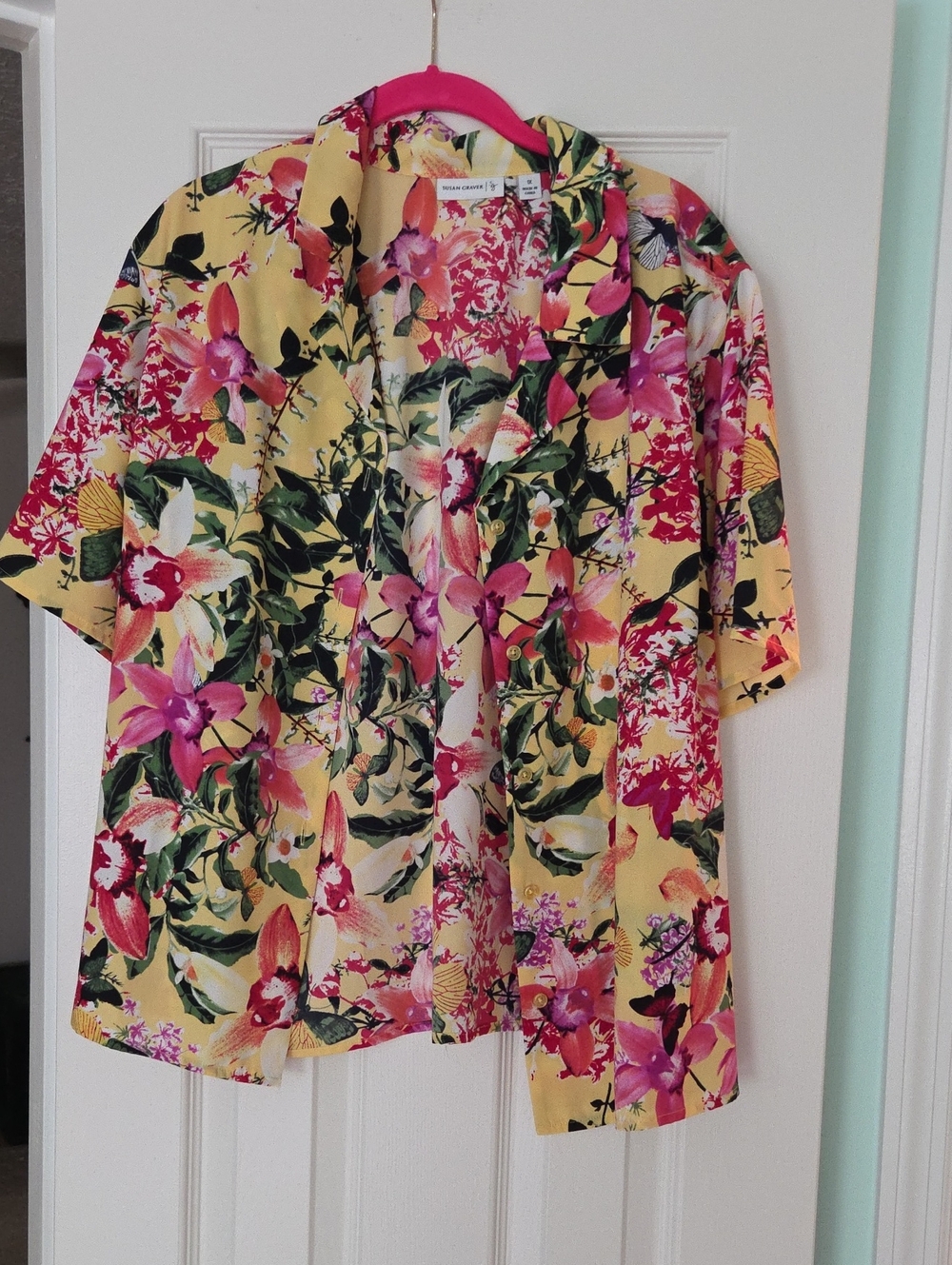 Susan Graver Yellow Floral Short-Sleeve Open Jacket with Pink Accents